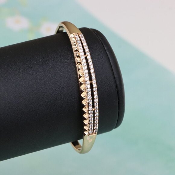 Rose Gold Bangle with Dual CZ Rows and Stud Detail, XPBL0539 - Picture 6 of 12